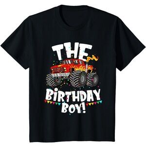 The Birthday Boy Monster Truck Jam Party T-Shirt Kids Tee Black Red XS 4 5 6